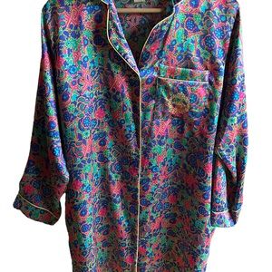 Vintage Aldolfo Size Medium Silky Colorful Sleep Shirt, button front, pocket